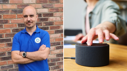 Montaje del emprendedor y experto en seguridad, Victor Alonso y un altavoz inteligente