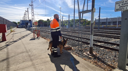 Miguel Ángel (guía) y su perro Yago vigilan las vías de Metro