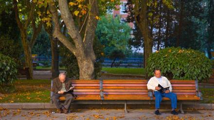 Dos jubilados leyendo en un parque de Madrid