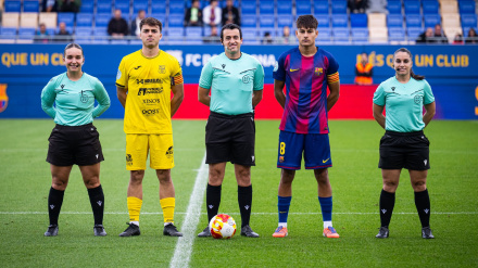 Trio arbitral del Barça Atletic-Poblense que se ha jugado este domingo.