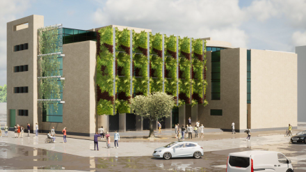 Recreación del proyecto de envolvente vegetal en los juzgados de Dénia, que permitirá mejorar la eficiencia energética y el confort térmico del edificio