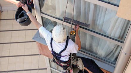 Obreros colgados de cuerdas de escalada y trabajando juntos.
