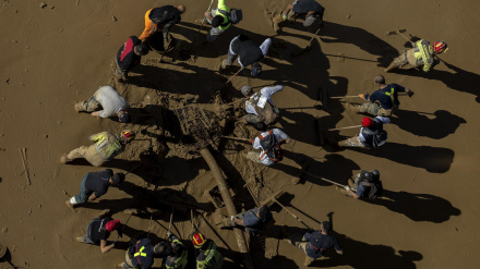 Voluntarios limpian una calle de Paiporta hace un año