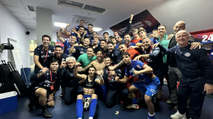 El CD Extremadura celebra la victoria ante Las Palmas