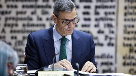 El presidente del Gobierno, Pedro Sánchez, durante su comparecencia ante la comisión de investigación del caso Koldo