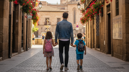 Una persona de unos 21 años y dos hermanos pequeños, todos de espaldas, caminando por una calle de una ciudad española