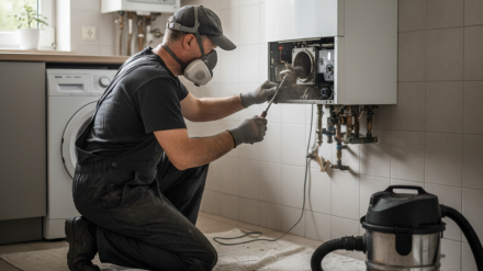 Un deshollinador haciendo una limpieza a una caldera de gas