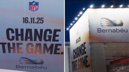 La lona en los aledaños del Bernabéu confirma el cambio de nombre