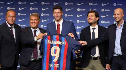 Robert Lewandowski, en su presentación con el Barça