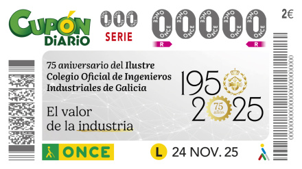 Cupón de la ONCE dedicado al 75 aniversario del Ilustre Colegio Oficial de Ingenieros Industriales de Galicia.jpg