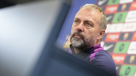 Hansi Flick, durante la rueda de prensa de este viernes previa a la vuelta al Camp Nou.
