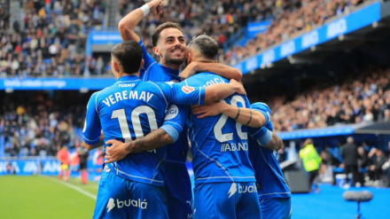 Los jugadores del Dépor celebran un gol