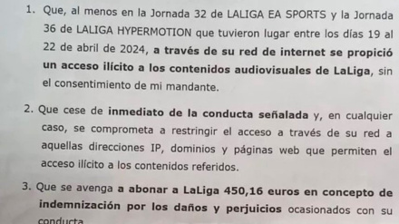 Extracto de una de las supuestas cartas que LaLiga ha enviado a algunos usuarios que han consumido fútbol de manera ilegal