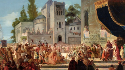 'Colón recibido por los Reyes Católicos en Barcelona a la vuelta de su primer viaje', Francisco García Ibáñez (1858)