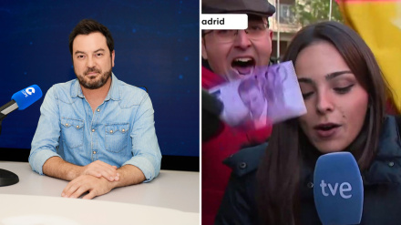 Jorge Bustos con periodista de TVE, collage recurso