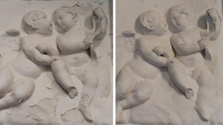 Antes y después de la intervención en un relieve de yeso