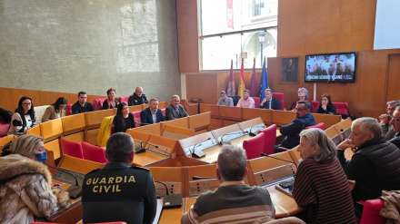 Reunión de las autoridades y los representantes del sector porcino en el salón de plenos del Ayuntamiento de Lorca para analizar la situación tras el brote de peste porcina en Cataluña