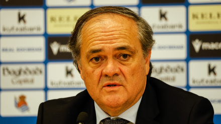 Jokin Aperrribay en rueda de prensa después de la Junta General de Accionistas de la Real Sociedad
