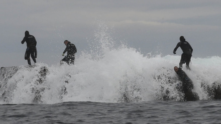 Foto de archivo de un grupo de percebeiros faenando