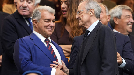 Joan Laporta y Florentino Pérez, en el palco del Bernabéu