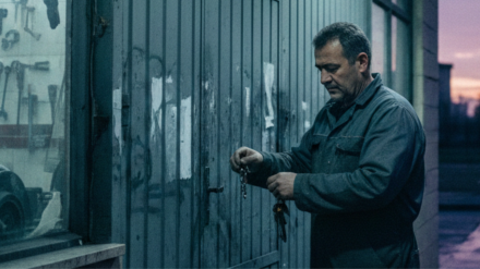 Un trabajador de un taller de pintura de coches en la puerta del taller a las 06:00 horas de la madrugada para abrirlo