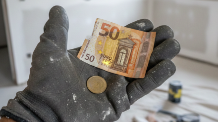Una persona irrecnocible que hace reparaciones en casas con un billete de 50 euros y una moneda de 20 céntimos