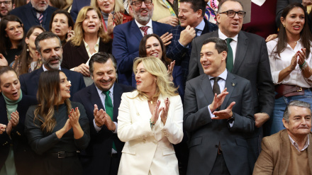 Los diputados del Parlamento de Andalucía cantan todos juntos el tradicional villancico de Navidad tras la última sesión de control del año en el pleno del Parlamento andaluz.