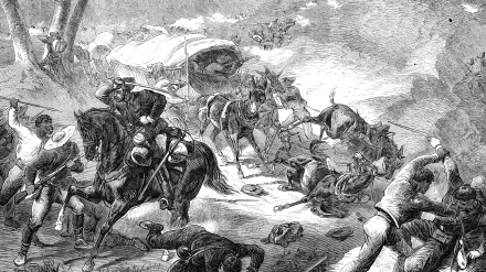 Batalla de Las Tunas, 18 de agosto de 1868. Insurgentes cubanos atacan un tren de suministros español. Grabado en madera contemporáneo. Cuba.