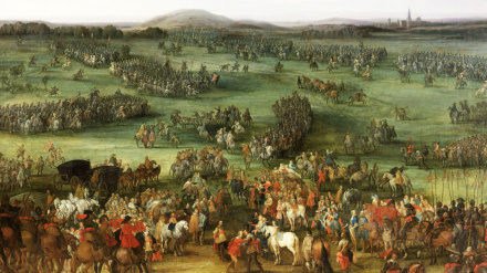 La batalla de dos días de Nördlingen, una de las principales batallas de la Guerra de los Treinta Años, comenzó el 5 de septiembre de 1634. Reproducción histórica restaurada digitalmente de un original de la época.