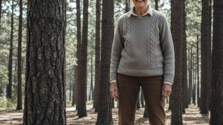 Una mujer alta con un pino al lado