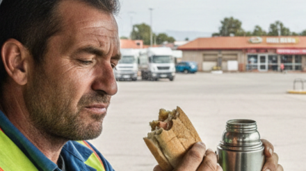 Un camionero con un bocadillo en un área de servicio