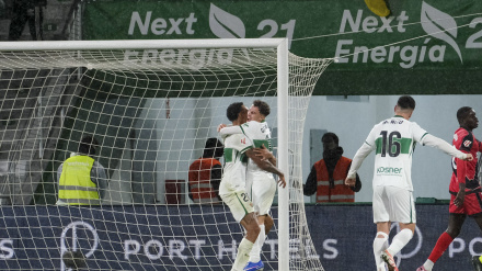 Los jugadores del Elche celebran uno de los goles ante el Rayo