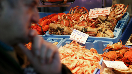 Un hombre observa el marisco en un puesto del Mercado de Maravillas, en Madrid, imagen de recurso