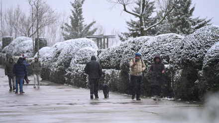 Varias personas pasean por el paisaje nevado en Morella, Castellón