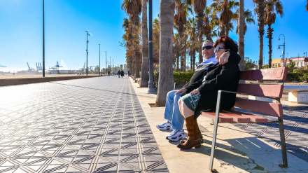 Pareja de jubilados disfrutando de un día soleado en un banco del paseo marítimo de Valencia, con palmeras y el puerto marítimo al fondo