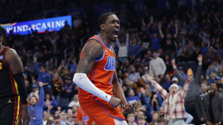Jalen Williams celebra la victoria ante los Hawks de esta madrugada.