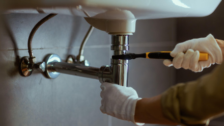 Un fontanero repara una tubería de fregadero cromada debajo de un fregadero de cerámica blanca, apretando un accesorio con una llave de manera profesional.