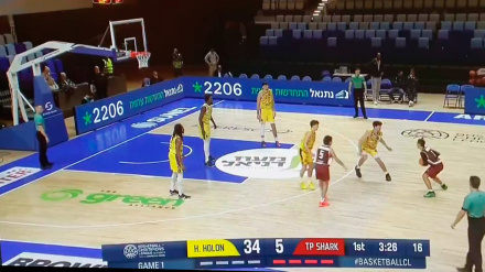 Imagen de televisión del partido de baloncesto entre el Hapoel Holon y el Trapani Shark