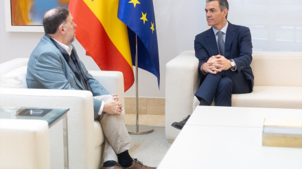 El presidente del Gobierno, Pedro Sánchez, recibe al presidente de Esquerra Republicana de Catalunya (ERC), Oriol Junqueras, en el Palacio de la Moncloa
