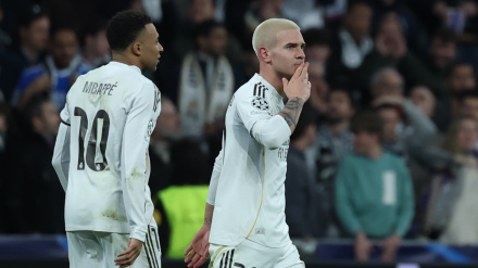 Mastantuono celebra su gol en el Real Madrid - Mónaco