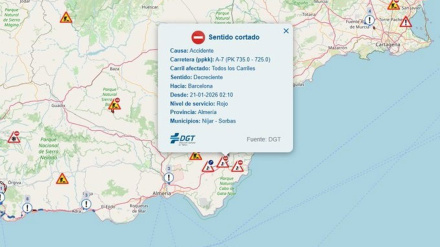 Cortada la autovía A-7 en Sorbas (Almería) por un accidente entre dos camiones.La autovía A-7 permanece cortada al tráfico entre los kilómetros 725 al 735 por un accidente entre dos camiones registrado en la madrugada de este miércoles 21 de enero a la altura de la localidad almeriense de Sorbas.POLITICA ANDALUCÍA ESPAÑA EUROPA ALMERÍADGT