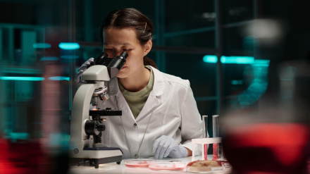 Asistente de laboratorio mirando a través del microscopio mientras realiza una investigación científica.