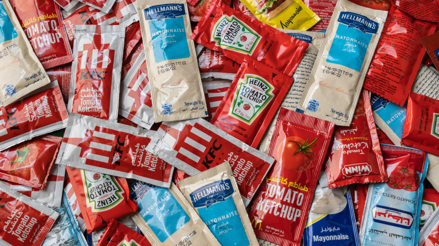 Varias marcas de ketchup de tomate y mayonesa en sobres