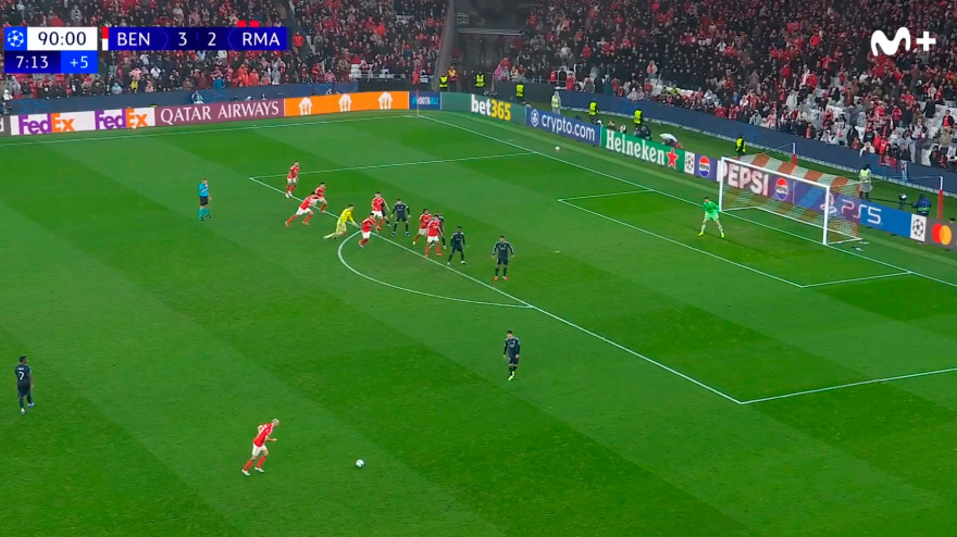 Solo cinco jugadores del Real Madrid defendieron la falta final que dio la clasificación al Benfica.