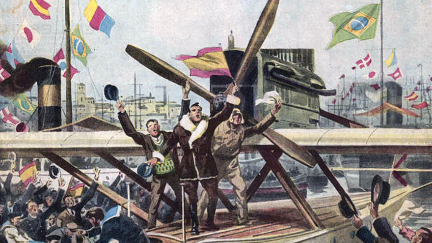 RAMON FRANCO (1896-1938), pionero de la aviación española, celebra su llegada a Buenos Aires, Argentina, el 26 de enero de 1926, tras volar desde España en su hidroavión Plus Ultra.