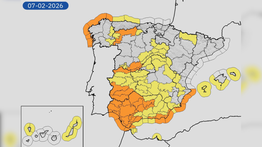 El mapa de avisos de la AEMET para este sábado 7 de febrero
