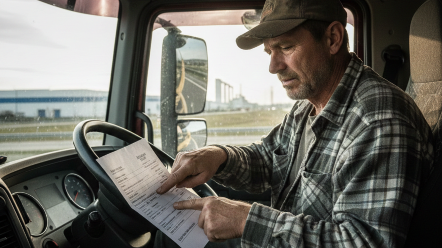 Un camionero revisando una nómina en la que se refleja su sueldo