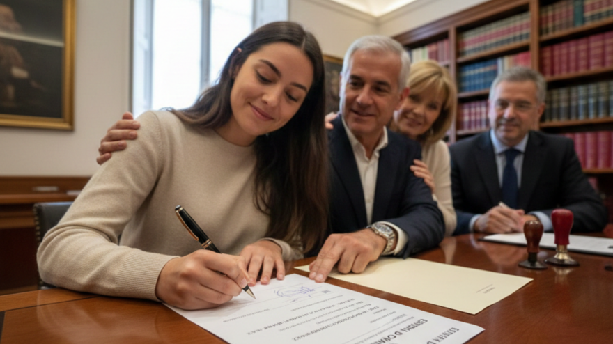 Una joven española firmando un papel por el que sus padres le donan una vivienda