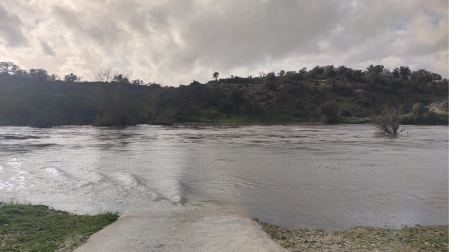 Así estaba el río Salor hace dos días, cubría por completo el camino de acceso a sus fincas