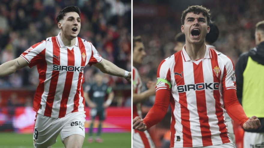 Andrés Ferrari (izda.) y Manu Rodríguez (dcha.), protagonistas en la victoria del Sporting ante el Huesca